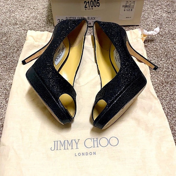 🌸 Jimmy Choo Glitter Peep Toe Pumps in Black Sz 6 ½ - Picture 1 of 11